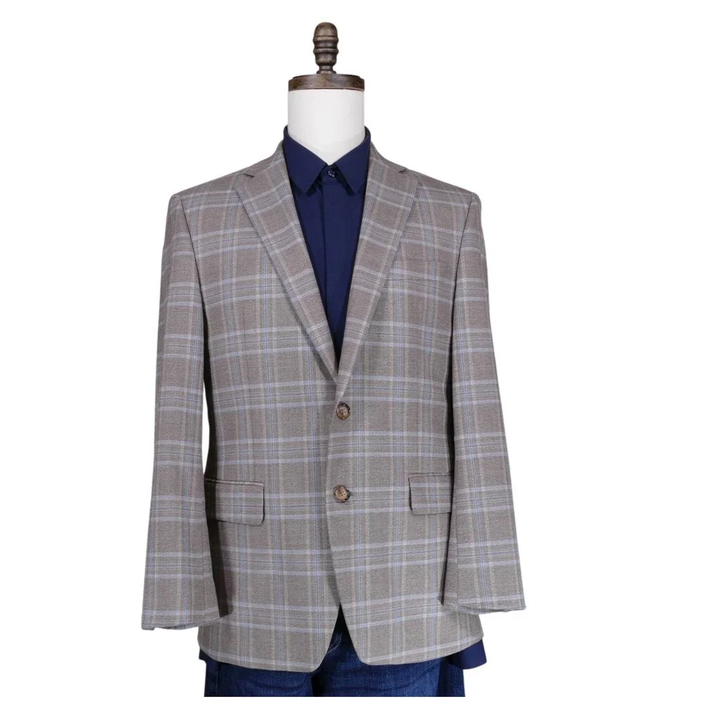 Lauren Ralph Lauren Sport Coat Blazer Mens 38R Beige Blue Plaid Two Button